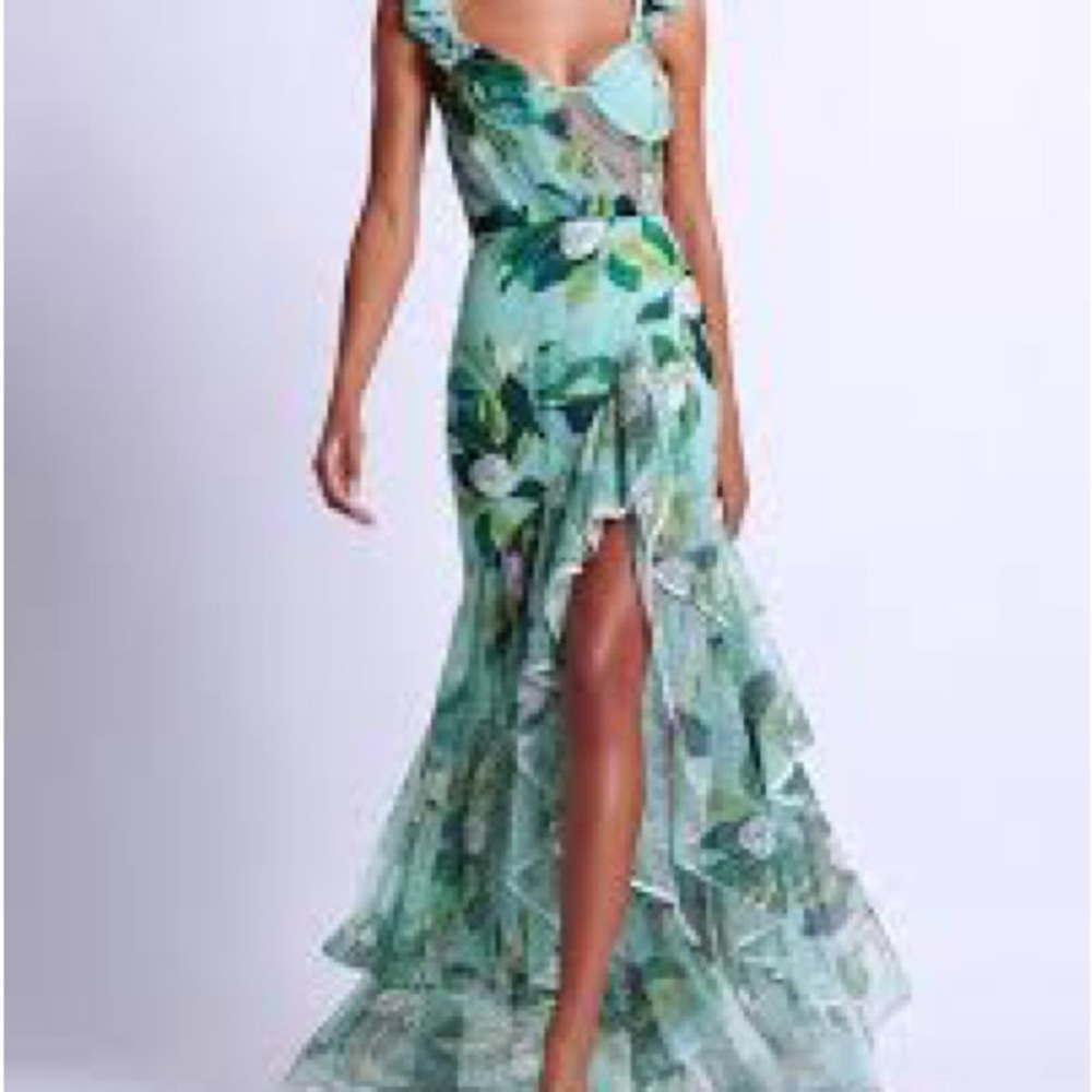 PatBo Floral Green Ruffle Maxi Dress